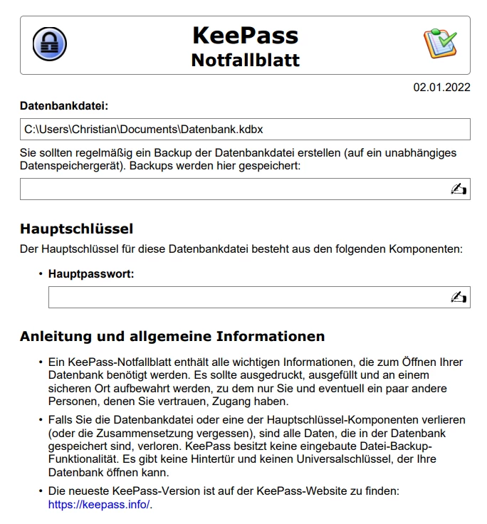 KeePass-Notfallblatt: Felder für Datenbankdatei, Hauptschlüssel und Hauptpasswort; Überschriften sichtbar.