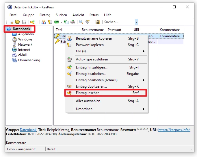 KeePass-Fenster: linker Baum mit 'Datenbank' und Ordnern; rechts hervorgehobenes Menü 'Eintrag löschen'.