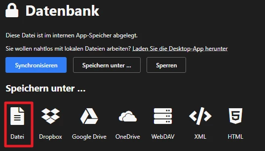Dunkles Dateiverwaltungs-UI mit Symbolleiste: Datei, Dropbox, Google Drive, OneDrive, WebDAV, XML, HTML; Titel: Datenbank.