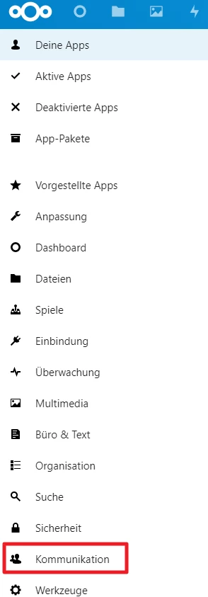 Linke Navigationsleiste mit Einträgen wie Kommunikation, Sicherheit und Organisation; Kommunikation ist hervorgehoben.