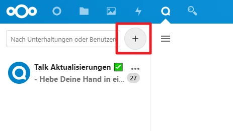 Web-App-UI: blaue Kopfleiste mit Icons; weißer Plus-Kreis-Button; blaues Q-Symbol, 'Talk Aktualisierungen', grüner Haken, 27.