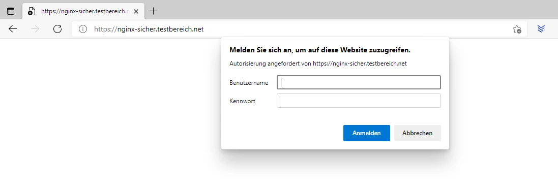 Browserfenster mit Login-Popup: Felder für Benutzernamen und Kennwort, Schaltflächen Anmelden und Abbrechen.