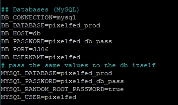 Terminalanzeige mit MySQL-DB-Konfigurationsparametern (DB_CONNECTION, DB_DATABASE, DB_HOST, DB_PASSWORD, DB_PORT, DB_USERNAME)