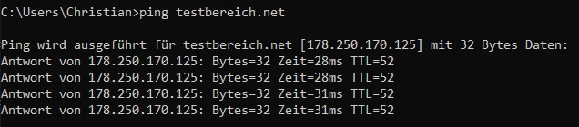 Ping an testbereich.net, Ziel-IP 178.250.170.125, 32-Byte-Daten, Antworten mit Bytes=32, Zeit 27-31ms, TTL=52.