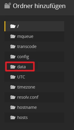Dunkles Dateimanager-Fenster mit Ordnerliste; markierter Ordner: data; weitere Ordner: mqueue, transcode, config, UTC