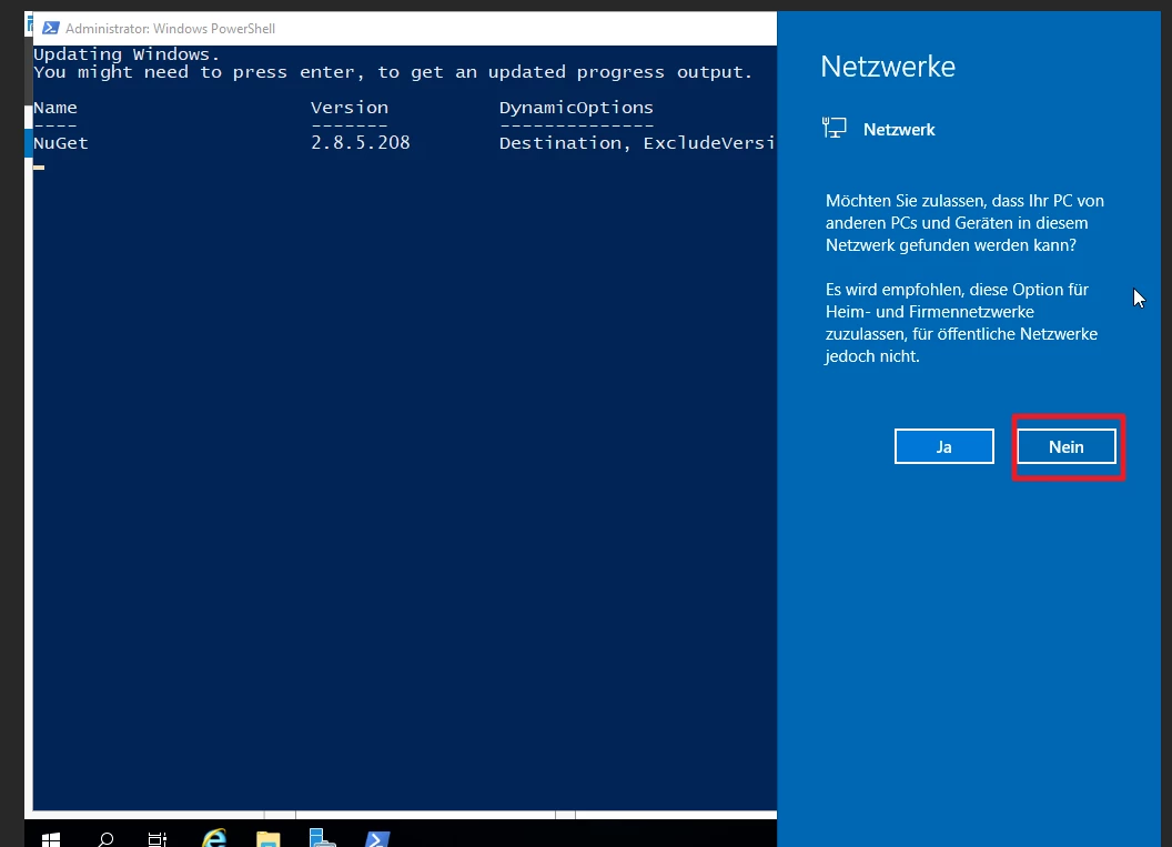 Screenshot von Windows: Links PowerShell-Fenster, rechts Netzwerkeinstellungen, zwei Buttons Ja und Nein (Nein markiert).