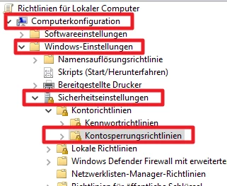 Baumansicht: Computer-Konfiguration, Windows-Einstellungen, Sicherheitseinstellungen, Kontosperrungsrichtlinien.