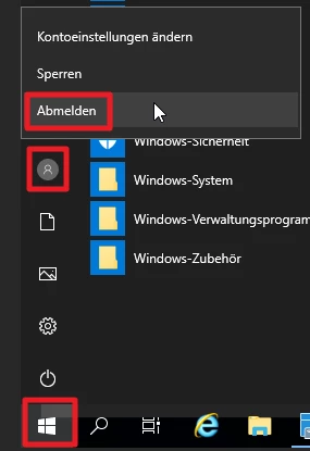 Windows-Startmenü mit Abmelden hervorgehoben; grauer Benutzeravatar, Startknopf unten links und Ordner-/Symbol-Icons.