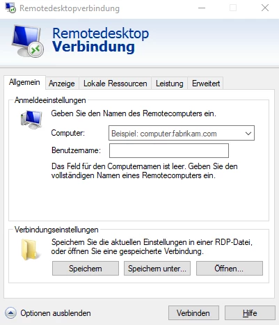 Fenster der Remotedesktopverbindung mit Feldern zur Eingabe von Computer- und Benutzernamen sowie Speichern-/Öffnen-Buttons.
