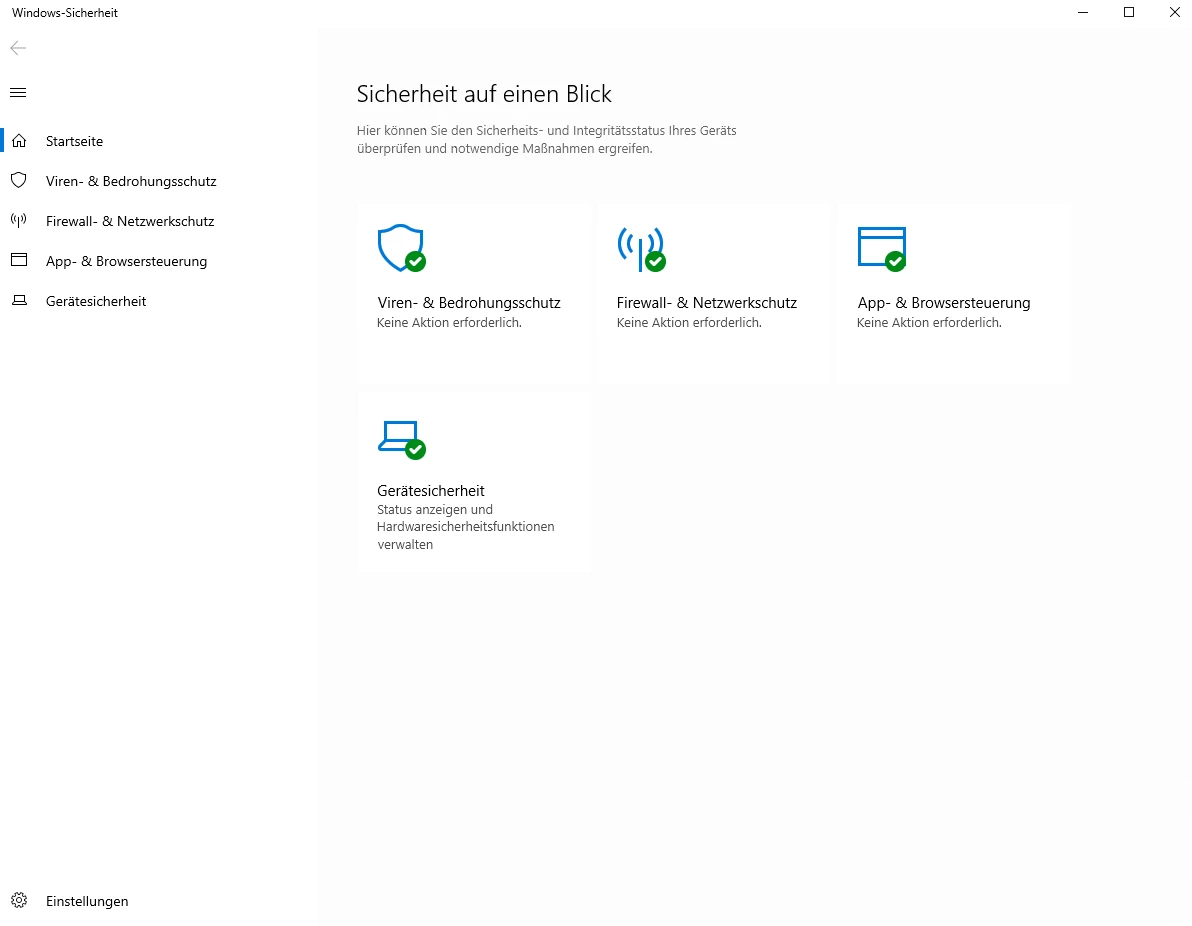 Windows-Sicherheitsfenster mit Viren-/Bedrohungsschutz, Firewall-/Netzwerkschutz, App-/Browserschutz und Gerätesicherheit.