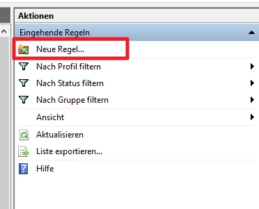 Menü Aktionen; hervorgehoben Neue Regel...; weitere Optionen wie Nach Profil filtern, Aktualisieren.