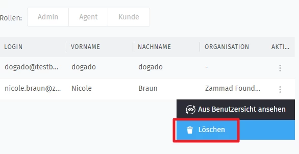 Screenshot einer Benutzerverwaltung: Rollen oben (Admin, Agent, Kunde); zwei Nutzerzeilen mit Login-Emails, Vor- und Nachnamen; Lösch-Menü sichtbar.