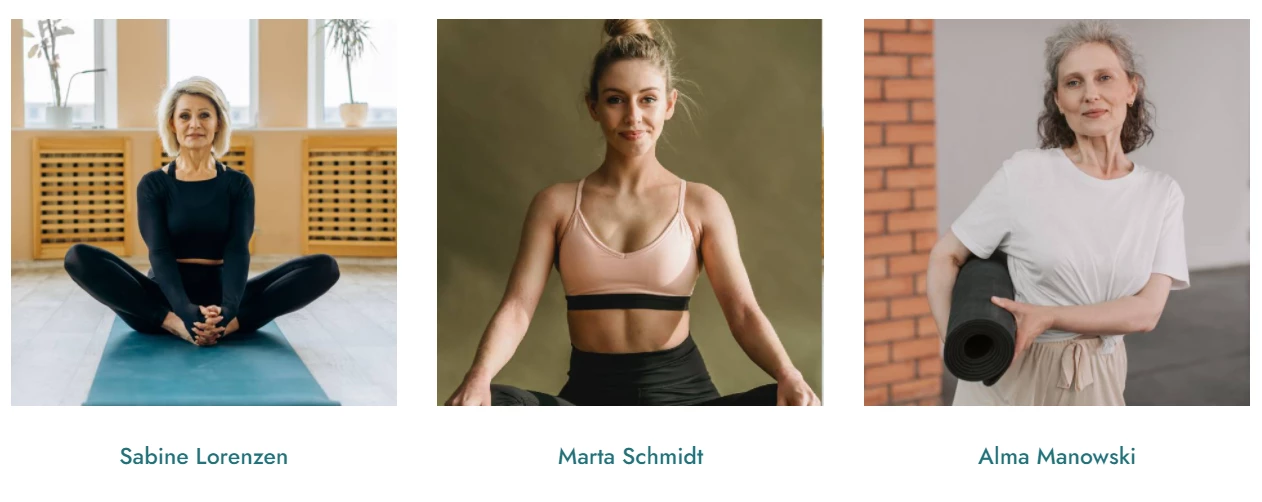 Drei Porträts: links Person auf blauer Yogamatte; Mitte Person im pinken Sport-BH; rechts Person mit Yogamatte.