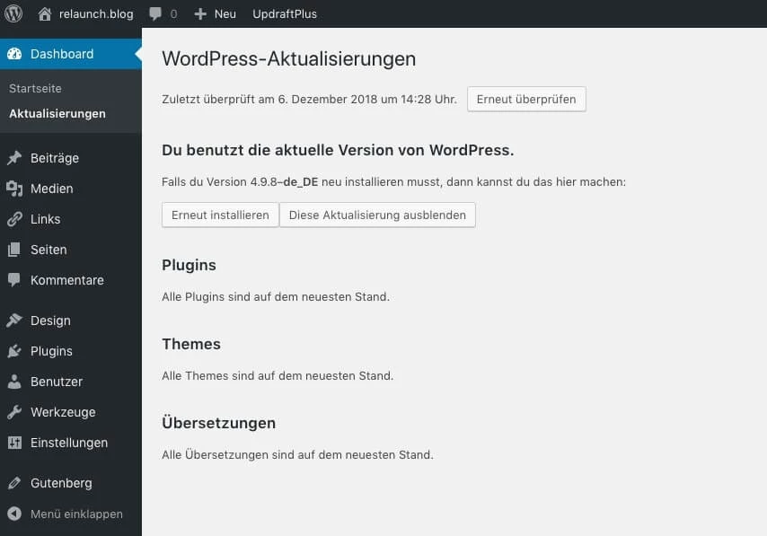 Die Aktualisierungsseite im WordPress Dashboard