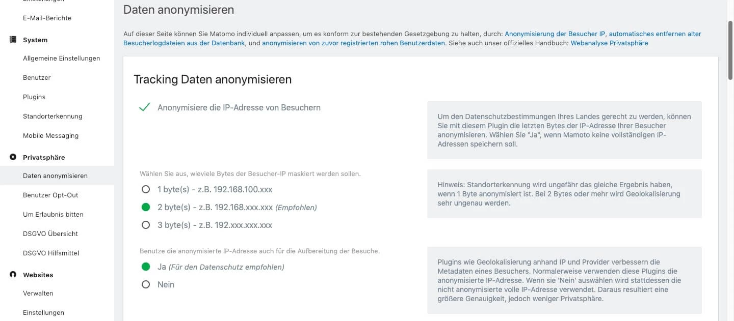 Anonymisierungseinstellungen in Matomo