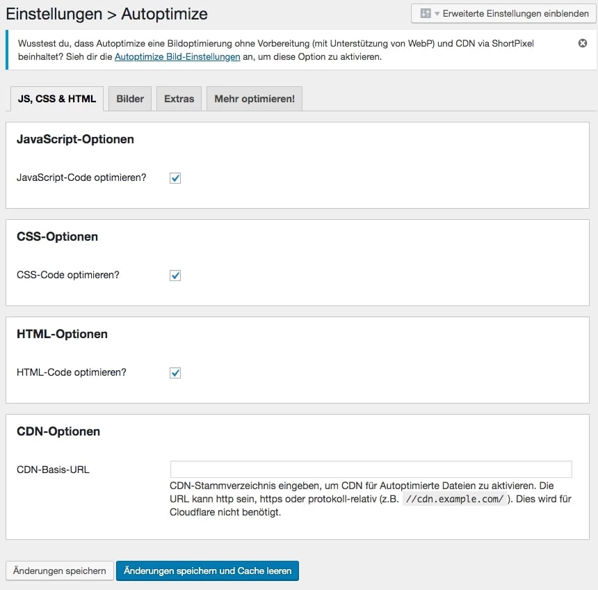 Konfigurationsmenü von Autoptimize - HTML/CSS/JavaScript optimieren