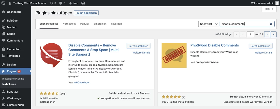Mit Disable Comments Kommentare deaktivieren