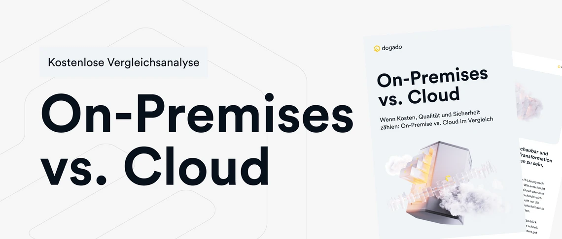Zwei Broschüren vor hellem Hintergrund; Überschrift On-Premises vs. Cloud, links Kostenlose Vergleichsanalyse, rechts Kopie.