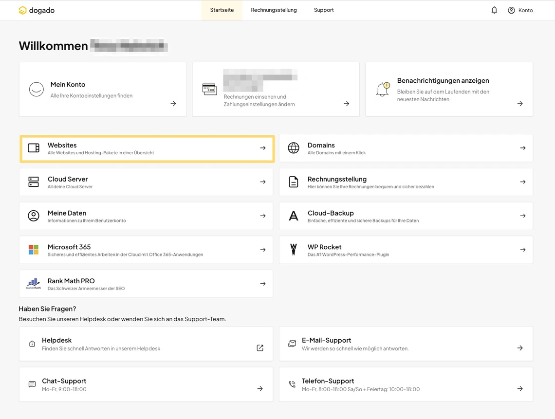 dogado-Dashboard mit Kästen: Websites, Domains, Cloud Server, Cloud-Backup, Mein Konto, Rechnungen, Benachrichtigungen.