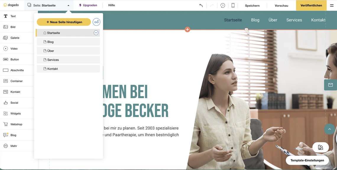 Website-Editor: linke Symbolleiste, Overlay 'Neue Seite hinzufügen', tealfarbener Header; zwei Personen im Gespräch.