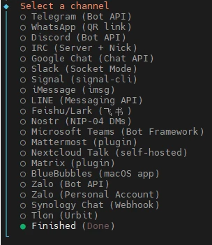 Terminal-UI mit vertikaler Kanal-Liste; grüner Punkt neben 'Finished (Done)'.