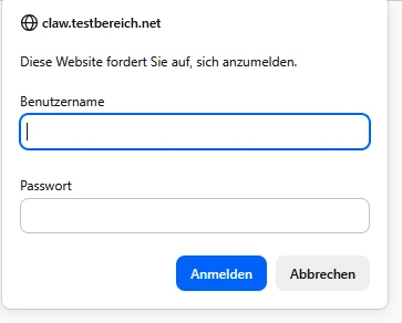 Login-Dialogfenster: Aufforderung zur Anmeldung; Felder für Benutzername und Passwort; blauer Anmelden-Button, grauer Abbrechen-Button.
