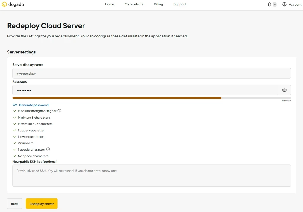 Screenshot der Redeploy Cloud-Server-Seite mit Feldern: Server-Display-Name, Passwort (maskiert) und Stärke-Leiste, Buttons.