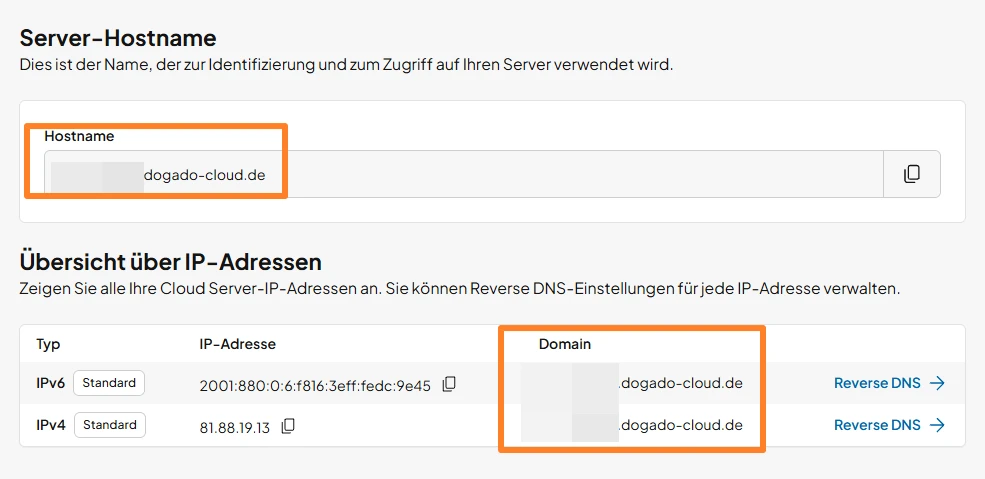 Screenshot eines Server-Interfaces: Hostname-Feld mit dogado-cloud.de; IP-Übersicht (IPv6/IPv4); Domain mit dogado-cloud.de