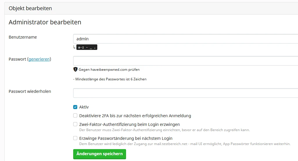 Admin-Benutzer bearbeiten: Felder Benutzername, Passwort (generieren) und Wiederholen; Aktiv-Optionen; 'Änderungen speichern'.