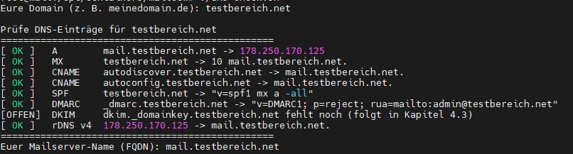 Terminalfenster zeigt DNS-Prüfung für testbereich.net; grüne [OK]-Zeilen, CNAME/MX-Einträge, FQDN mail.testbereich.net.