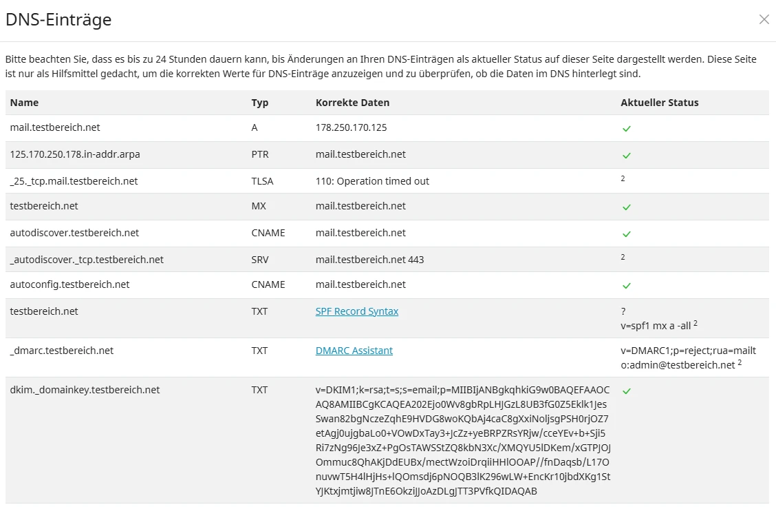 DNS-Eintragsliste als Tabelle: Name, Typ, Korrekte Daten, Status; Typen A, PTR, TLSA, MX, CNAME, SRV, TXT.