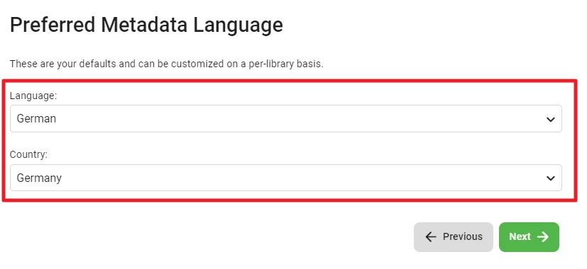 UI-Screen: Dropdowns Sprache (German) und Land (Germany) mit Previous- und Next-Buttons.