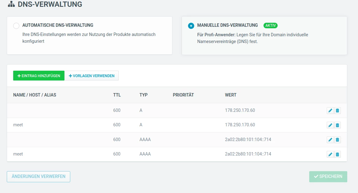 DNS-Verwaltung: Tabs Automatisch/Manuell, Name 'meet', TTL 600, Typ A/AAAA, IPv4- und IPv6-Adressen.