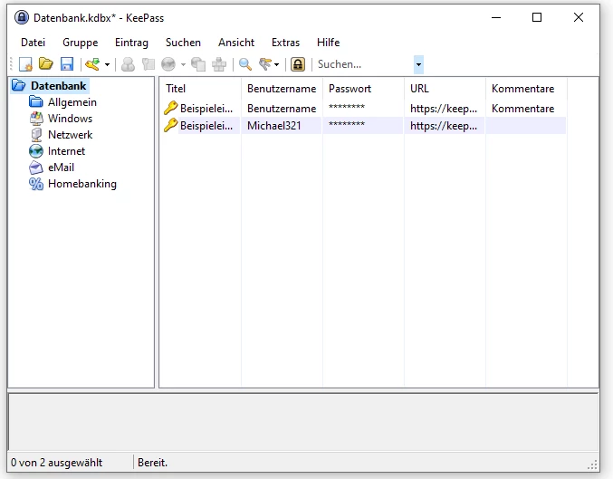 KeePass-Datenbankfenster mit zwei Einträgen; Spalten: Titel, Benutzername, Passwort (versteckt), URL, Kommentare; linke Ordnerliste