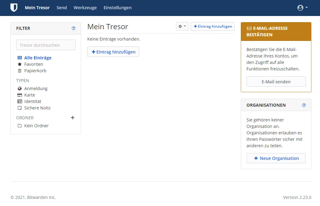 Screenshot von 'Mein Tresor': linke Filterliste, mittlerer Bereich mit Titel 'Mein Tresor' und Button 'Eintrag hinzufügen', Karten.