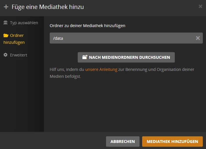Dunkle UI-Oberfläche zum Hinzufügen eines Mediathek-Ordners; Feld zeigt /data; Buttons Abbrechen und Mediathek hinzufügen.