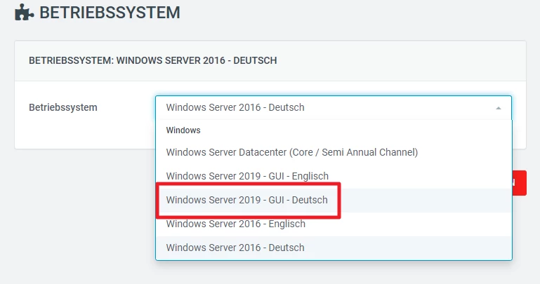 UI mit Überschrift BETRIEBSSYSTEM und Dropdown Betriebssystem, ausgewählte Option: Windows Server 2019 - GUI - Deutsch.