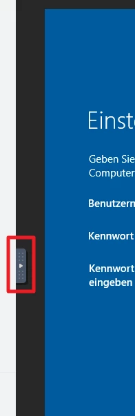 Blauer Bildschirm mit weißem Text; links ein schwarzer Streifen; kleines graues Kästchen mit Pfeilen nach links und rechts.