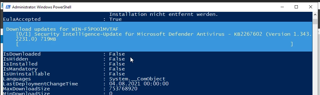 Windows PowerShell-Fenster mit Administrator-Rechten, blauem Hintergrund und weißem Text; True/False-Werte sichtbar.