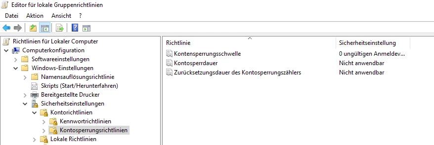 Fenster des Editors lokaler Gruppenrichtlinien mit Baumstruktur links und Detailbereich rechts.
