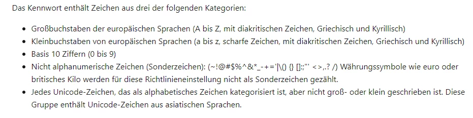 Screenshot eines Textblocks mit Passwort-Anforderungen: Groß-/Kleinbuchstaben, Ziffern, Sonderzeichen, Unicode-Zeichen.