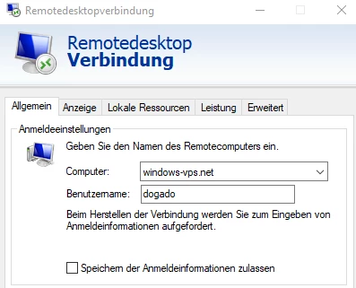 Remotedesktop-Verbindungsfenster: Computer windows-wps.net, Benutzername dogado; Hinweis auf Anmeldung.