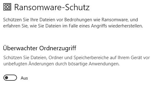 Screenshot einer Windows-Sicherheitsseite: Ransomware-Schutz und Überwachter Ordnerzugriff mit Schalter auf Aus.