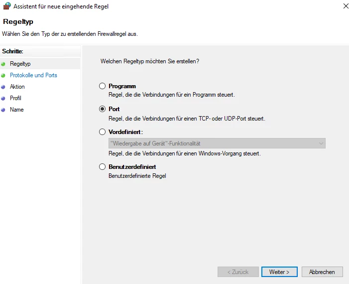 Windows-Firewall-Assistent: Port-Regel ausgewählt; Verbindungen für TCP/UDP-Port steuern; linke Schritte sichtbar.