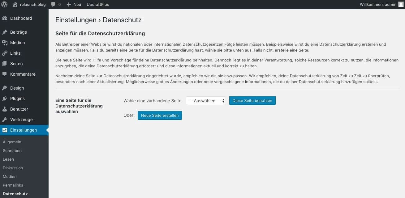 Datenschutz-Einstellungen in WordPress
