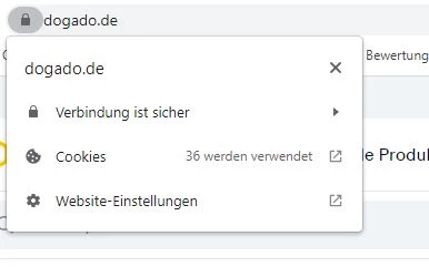 Ein Popup-Fenster mit Sicherheitsinformationen für dogado.de zeigt an, dass die Verbindung sicher ist, 36 Cookies verwendet werden und die Website-Einstellungen zugänglich sind.