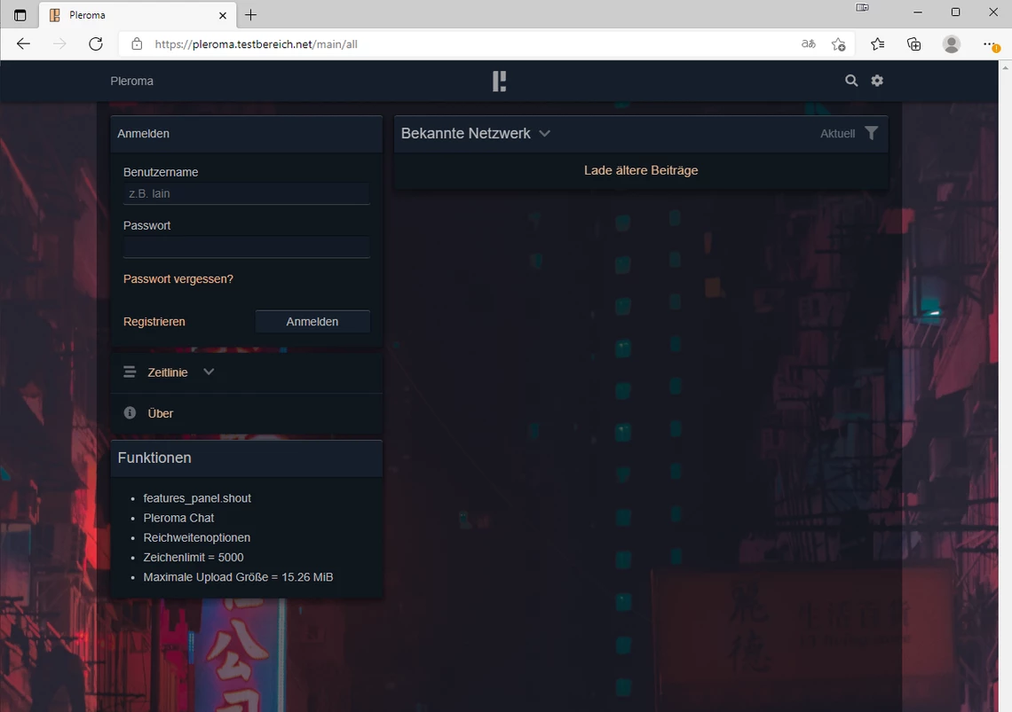 Dunkles UI-Screenshot: linke Seitenleiste mit Feldern Benutzername, Passwort; zentrales Fenster, Neon-Stadt im Hintergrund.