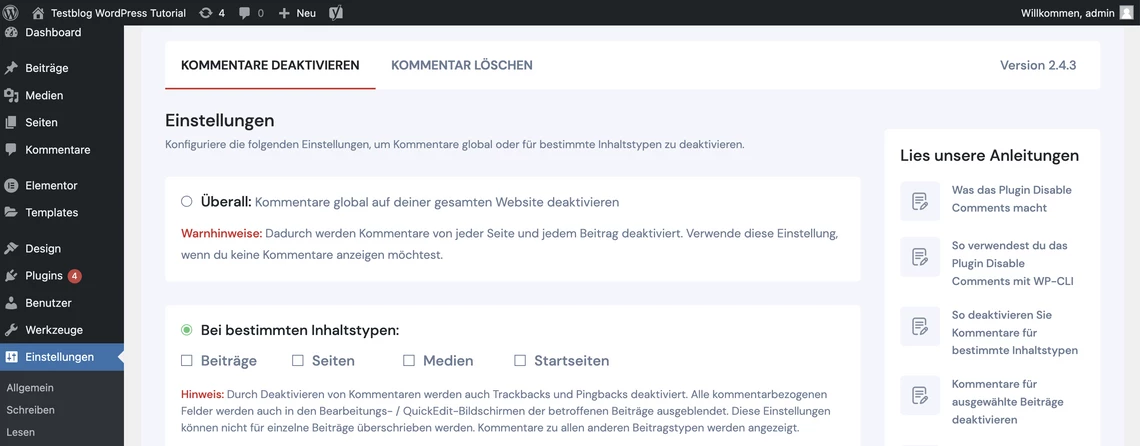 Screenshot des WordPress-Adminbereichs: linkes Menü, zentrale Seite 'Kommentar deaktivieren' mit Schaltern und Hinweisen.