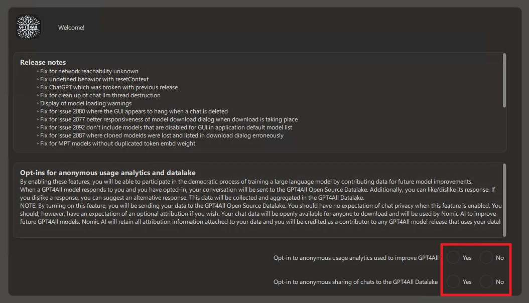 Dunkles UI-Fenster mit Welcome oben, Release Notes-Liste und unten rechts zwei Yes/No-Opt-ins.