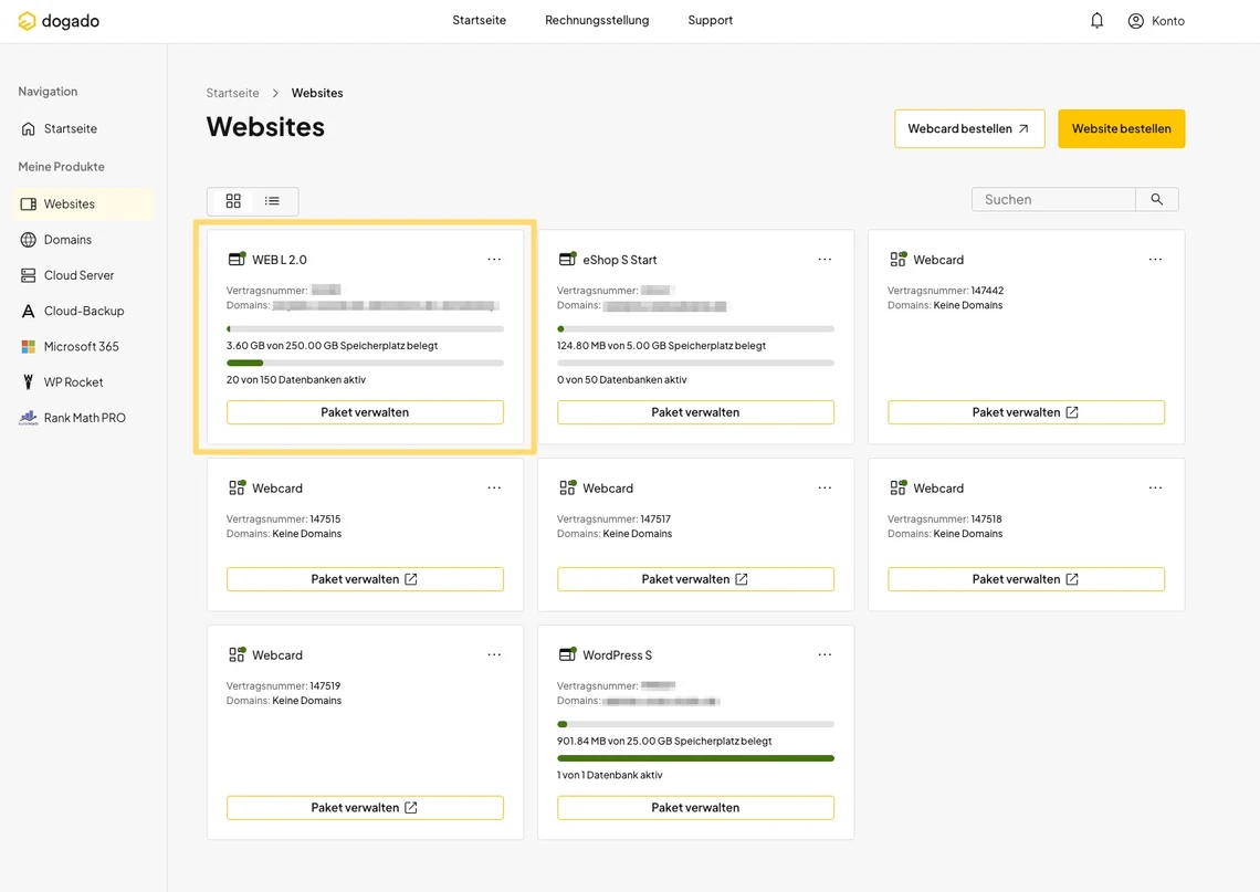 Screenshot eines Hosting-Dashboards: linke Seitenleiste, Dogado-Logo, Websites und mehrere Karten mit Paket verwalten.